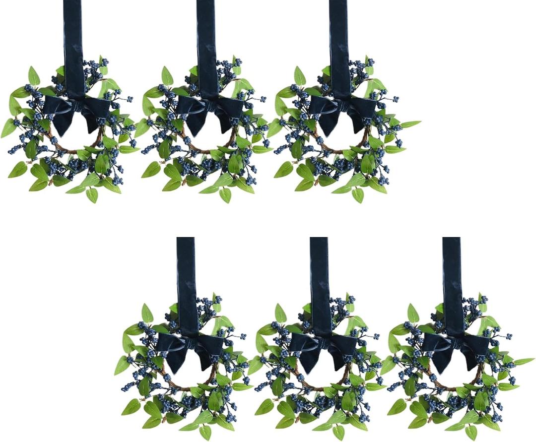 Bibelot 6 Pcs Small Christmas Wreath for Cabinets Kitchen, Mini Christmas Wreath with Blue Berry Bow Artificial Xmas Decor for Window Front Door Farmhouse Wall