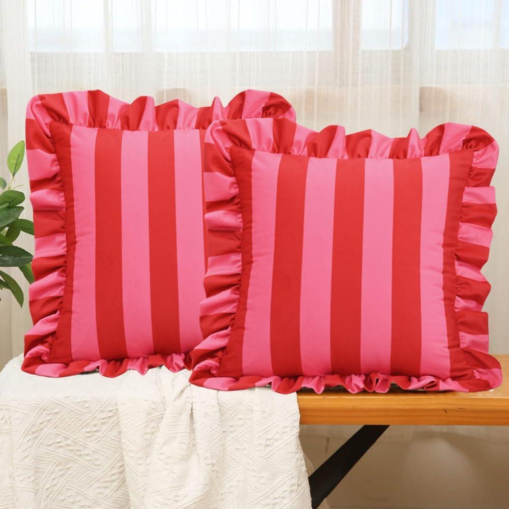 vctops Ruffle Square Throw Pillow Covers Boho Pink and Red Striped Decorative Pillowcases Set of 2, Soft Velvet Accent Cushion Cover Cases for Sofa Bed Living Room Decor (Pink,18"x18")