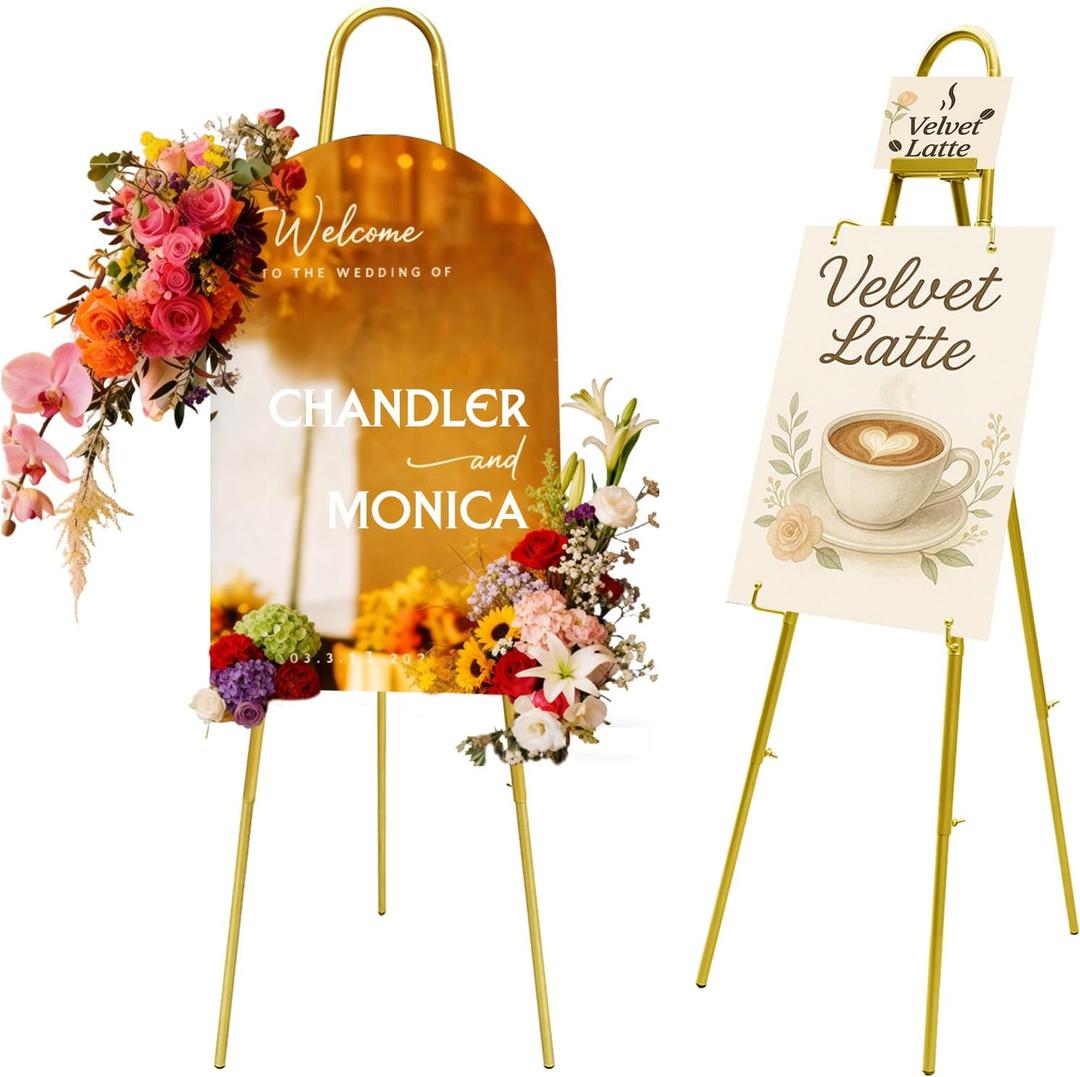 57"–42" Height Adjustable Gold Easel Stand for Signs, 4 Display Modes, Stable at Any Position with 4 Hooks – Perfect Welcome Sign Stand, Heavy Duty Easel Stand for Wedding Sign, Parties, Art & Events
