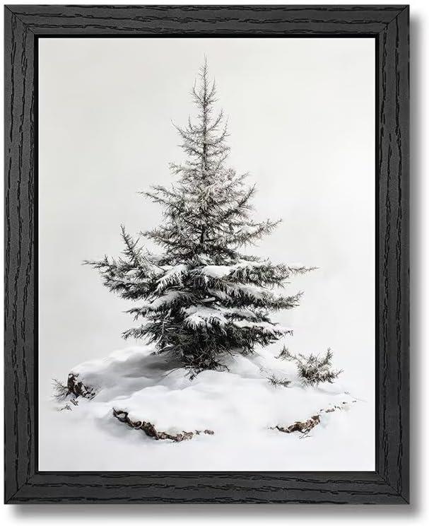 Christmas Wall Decor, Framed Christmas Tree Wall Art, Black and White Pine Forest Canvas Prints, Winter Holiday Pictures for Living Room Bedroom Ready to Hang 8x10 Inch (10L" x 8W")