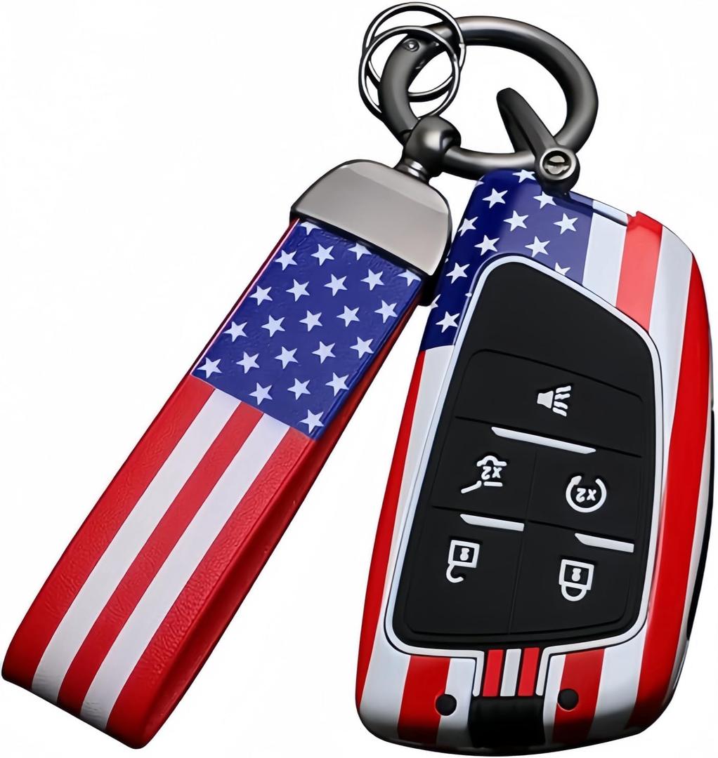 2 x American USA Flag Metal Key Fob CoverKey Case,Keychain,Accessories Compatible with 2022 2023 2024 2025 Chevy Silverado 1500 GMC Sierra 1500, 2024 2025 Silverado Sierra 2500HD 3500HD