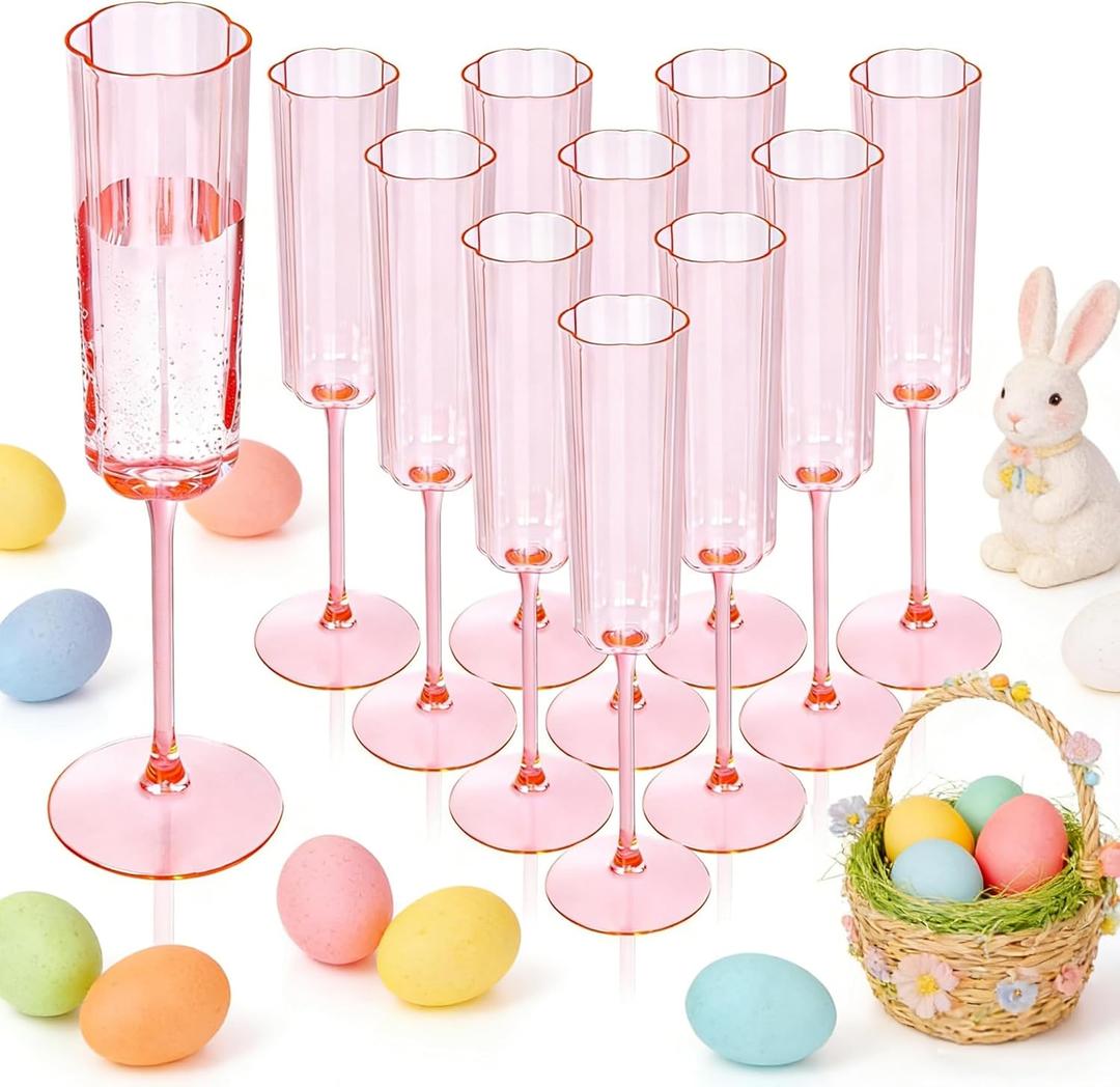YOUBET 36 Pack Pink Champagne Flutes Plastic - 6 Oz Flower Wavy Champagne Plastic Glasses - Heavy Duty Vintage Disposable Flutes for Wedding Party Birthday Easter Mothers Day