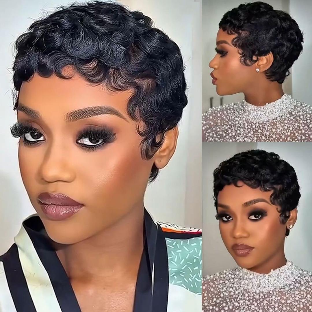 Pixie Cut Wig Human Hair 100% Brazilian Virgin Human Hair Wigs for Black Women Glueless Short Layered Pixie Cut Wig With Bang Natural Black Color Short Curly Wave Wigs for Daily Use