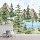 YQWDMX -Watercolor Green Pine Mural Cartoon Forest Fabric Wallpaper Children's Room 100" x 65"(Not Peel and Stick)