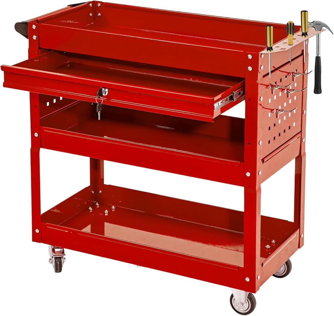 3 Tier Rolling Tool Cart with Wheels, Tool Box with Drawers Universal Chest Lockable Wheels, Utility Industrial Service Car Adjustable Shelf and Locking Mechanism, for Workshop, Repair Shop (Red)
