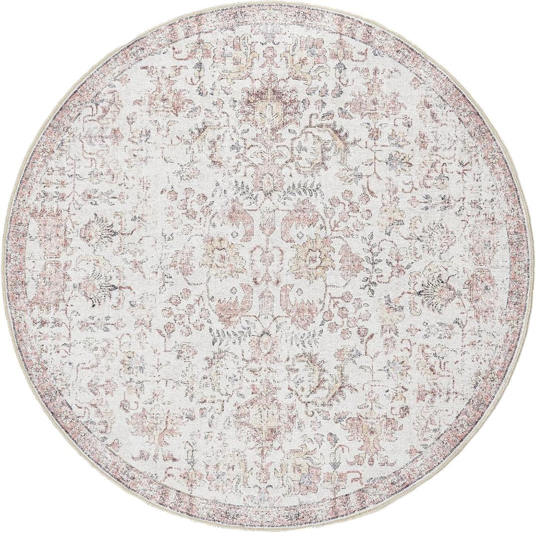 jinchan Kalen Round Rug 4ft Area Rug Washable Vintage Indoor Retro Accent Entryway Floor Cover Distressed Floral 4' Round Circle Boho Non Slip Thin Carpet for Bedroom Living Room Dining Room Red
