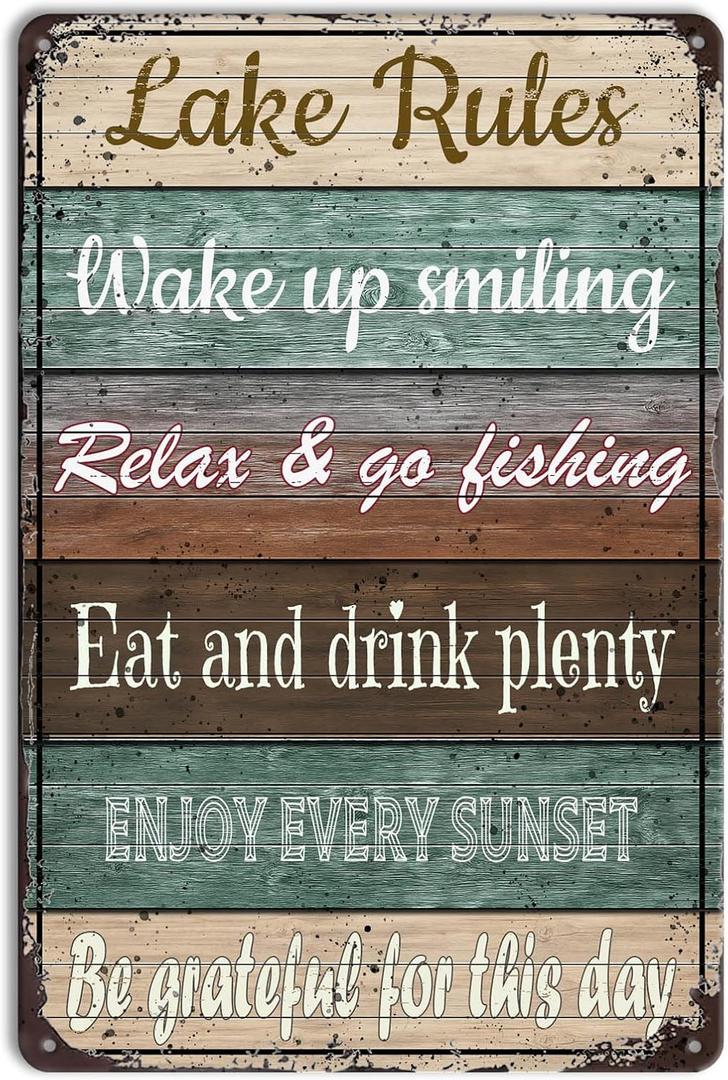 Lake Rules Metal Sign  Lake House Decor Wall Art for Summer Cabin, Lake Life Decor, Lake Wall Art, Lake House Sign for Home, Outdoor Lake Decorations  8x12 Inch Vintage Tin Sign
