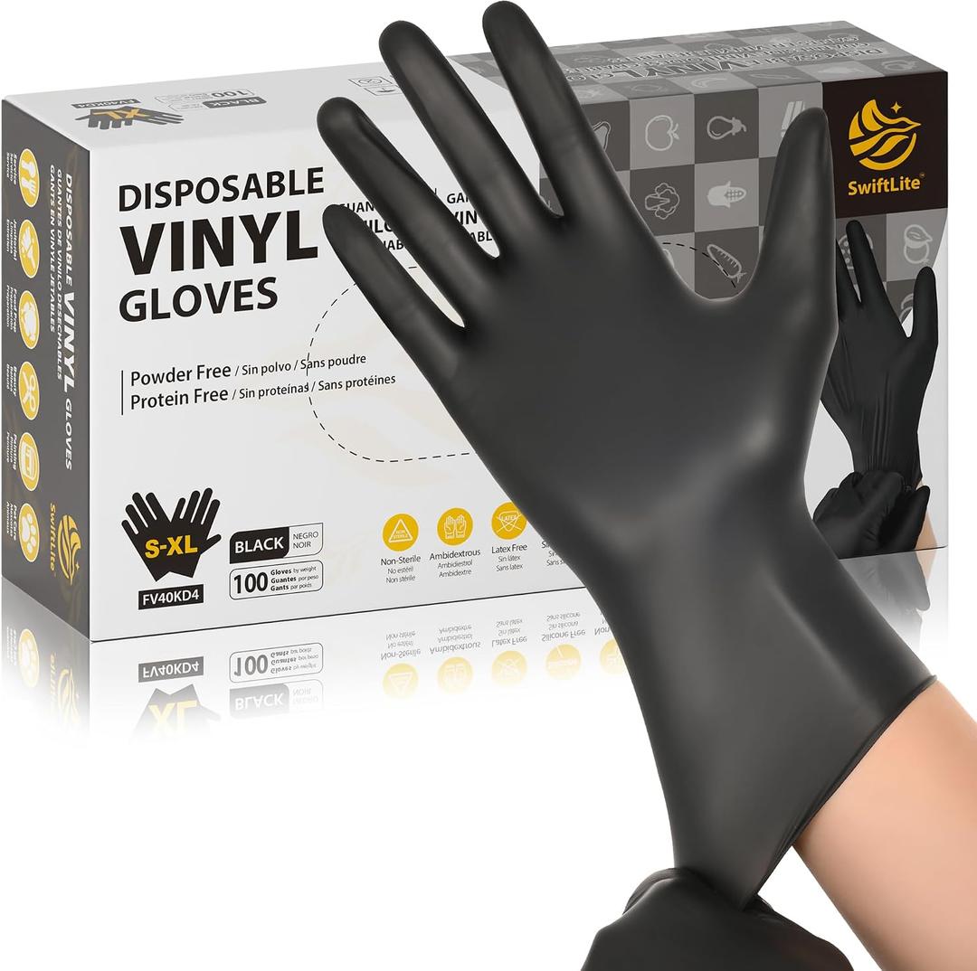SWIFTLITE Black Vinyl Gloves, Food Grade Gloves Disposable Latex Free & Powder Free, Guantes for Cleaning Cooking Food Prep