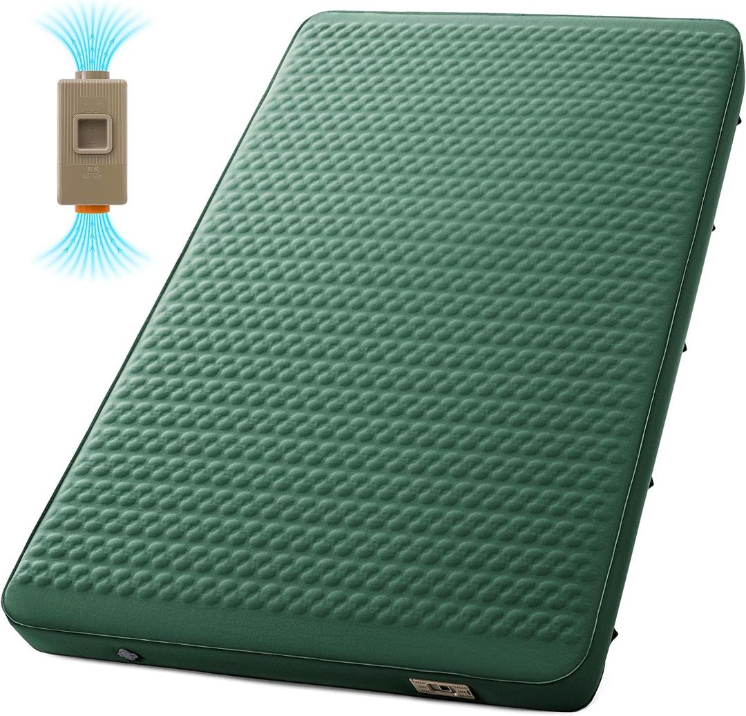 Double Self Inflating Sleeping Pad with Electric Pump - 4" Ultra-Thick Memory Foam Camping Mattress for 2 Person, Portable Outdoor Air Camp Mat Gear for Tent Car Truck Travel Hiking (Green), Full