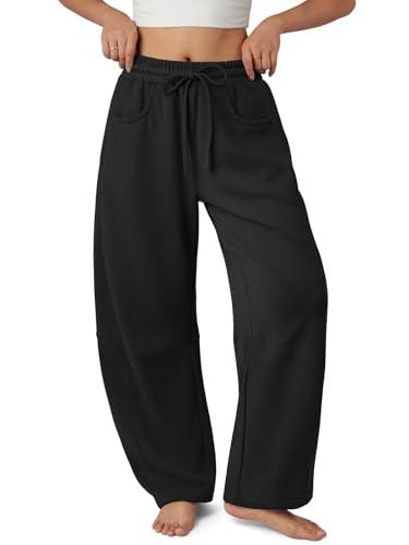 ATHMILE Barrel Sweatpants Women Fall Fashion Wide Leg Pants 2026 Baggy Lounge Comfy Flowy Sweat Pants with Pockets Teen Girl Black L