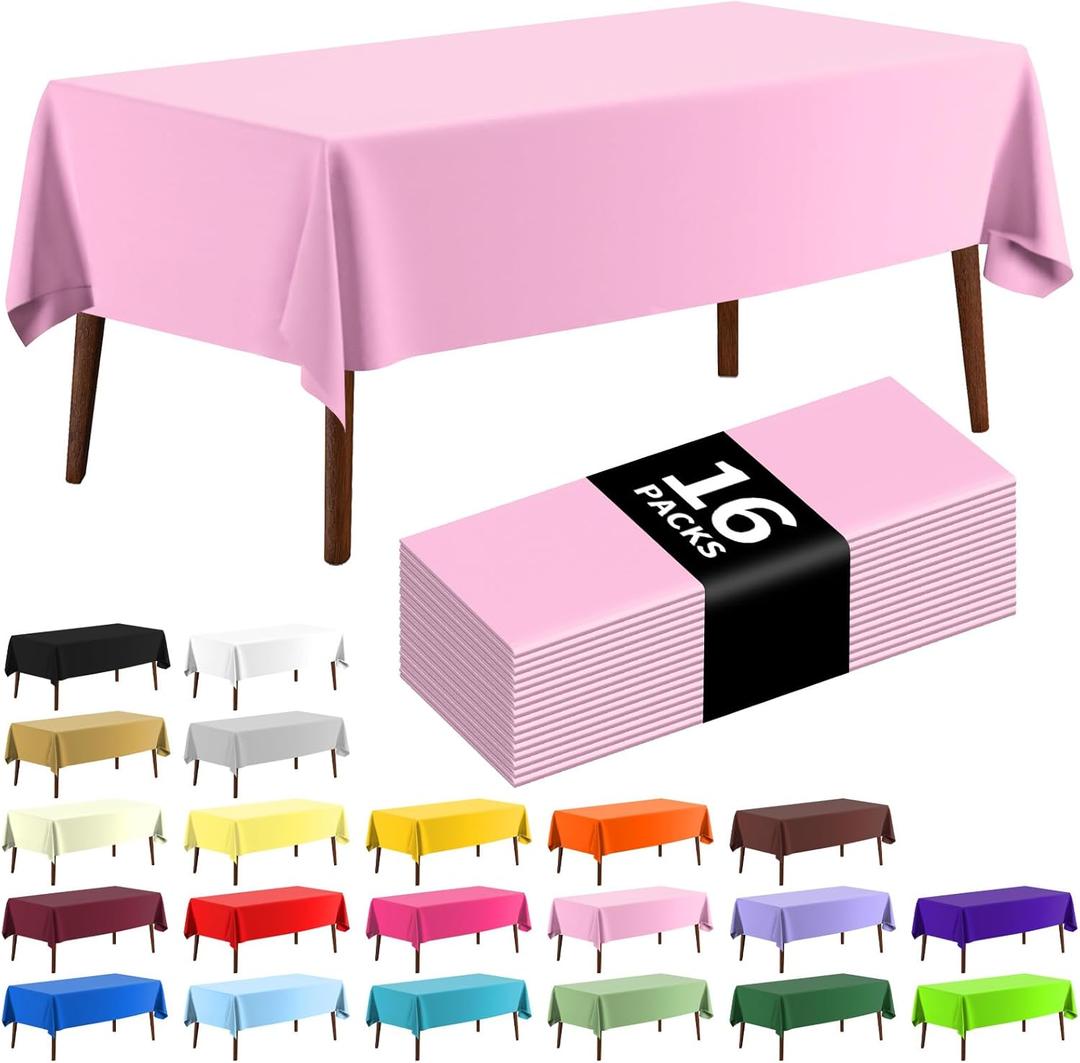 CXPSINC Plastic Tablecloth 54" x 108"Disposable Tablecloth Rectangle Plastic Table Cover for 6 to 8 Foot Tables Indoor or Outdoor Parties Birthdays Christmas (Pink, 16 Pack)