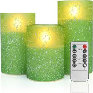 Mingfuxin Green Flameless Candles with Remote  Battery Operated LED Flickering Pillar Candles with Timer for Safe Home Decor  Ideal for Family with Kids and Pets
