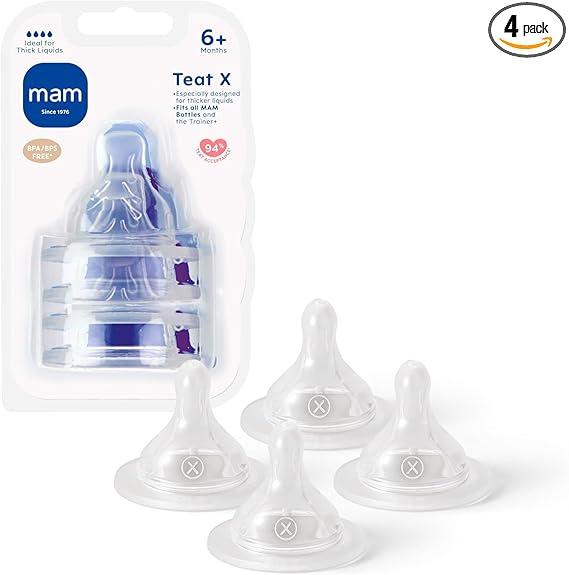 MAM Teats Size X | 4 Pack | Designed for Thicker Liquids | Suitable from 6+ Months | Fits All MAM Bottles | Made with SkinSoft Silicone | Baby Accessories