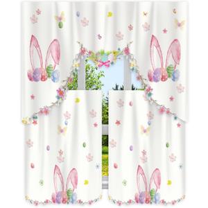 FuWeave 3 Pcs Easter Kitchen Curtains Bunny Eggs Spring Valances and Tiers Set for Window Farmhouse Rabbit Ear Eggs Short Curtain for Home Easter Kitchen 58 x 34'' Valance 29 x 34'' Tier(White)