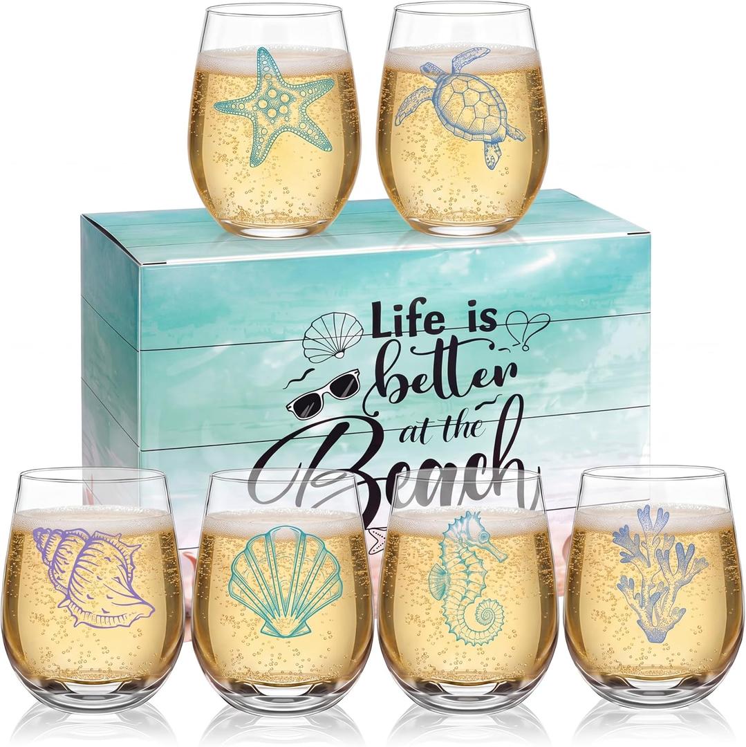 Remerry 3 Pack Set Beach Themed Stemless Wine Glasses with Gift Box Assortment Wine Glasses for Summer Party Favors Coastal Lovers Gifts Bulk for Women Men Birthday Fathers Day, Wine glasses: about 4.7 x 3.7 x 2.9 inches
