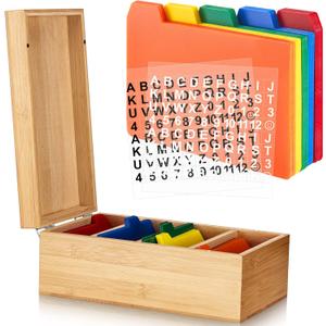 Henoyso 3 x 5 Inches Index Card Holder Set, Bamboo Recipe Box Organizer Index Cards Organizer, 50 Pcs Dividers 2 Sheets Alphabet Number Stickers File Note Holders for Office Business Home Kitchen (Wooden Color)