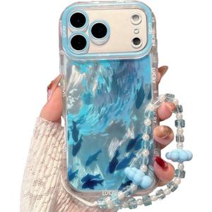 for iPhone 17 Air Case, Blue Dolphin Pattern Design,Glitter Sparkling Laser Case,2-in-1 with Beaded Wrist Strap,Soft TPU Frame, Shockproof and Anti-Shock, Suitable for Women & Girls