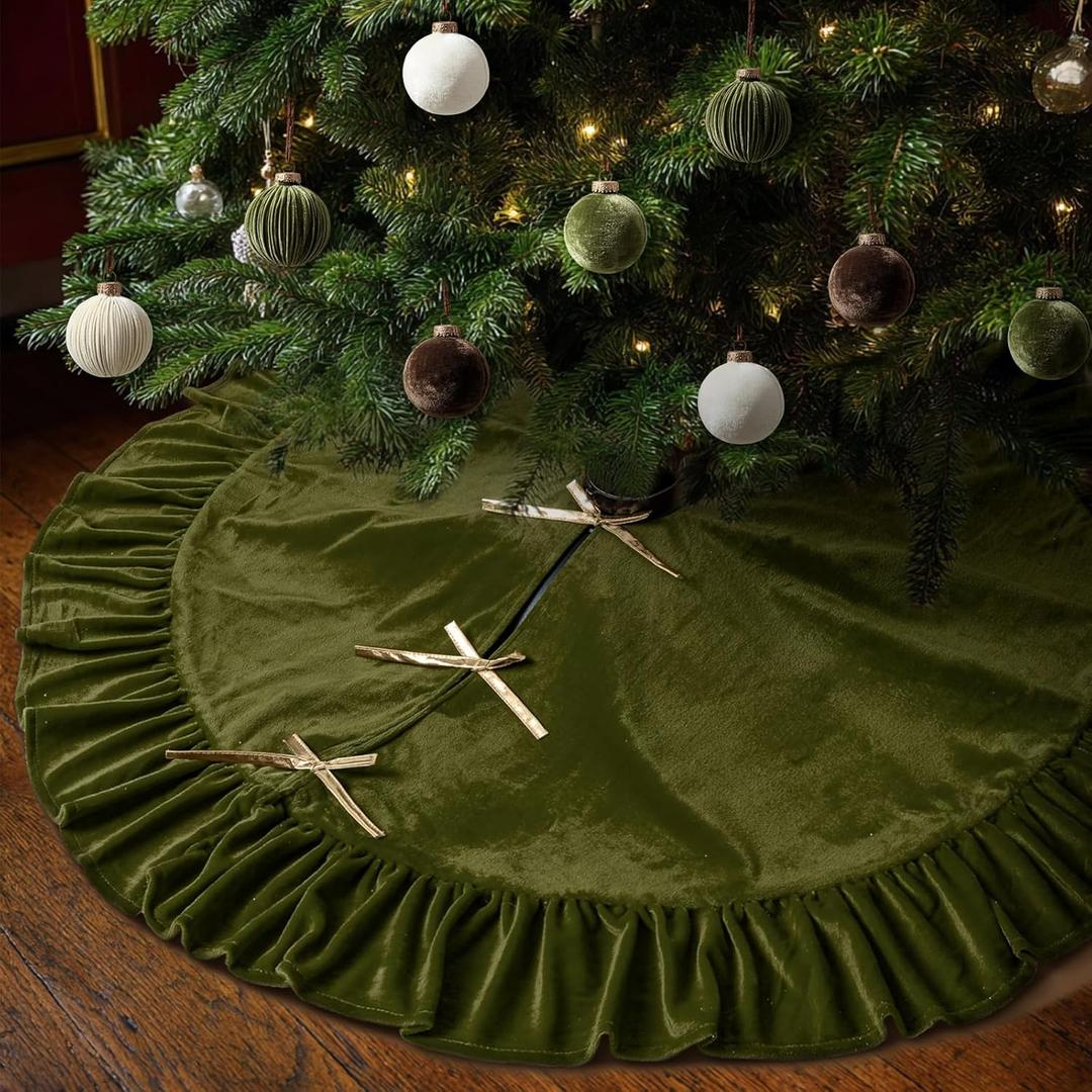 48 Inches Velvet Christmas Tree Skirt Olive Green with Gold Bow Fur Plush Tree Skirt Luxury Xmas Skirts for Merry Christmas Party Vintage Holiday Decorations