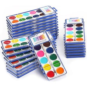 Watercolor Paint Set for Kids, 12 Colors, 24 Pack Washable Water Colors for Party Favors, Gifts, Classroom Supplies (Wood Brushes Included)