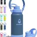 32 oz Insulated Water Bottle with 2 Lids (2-in-1 Straw & Spout Lid, Magnetic Lid), Slim Water Bottle with Strap, Stainless Steel Water Bottle for Hiking, Gym, Travel, BPA-Free, Dark Blue