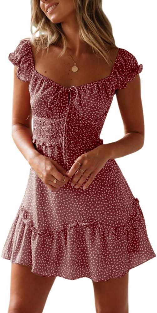 YOBECHO Womens Summer Ruffle Sleeve Sweetheart Neckline Printing Dress Mini Dresses (Small, Brick Red)
