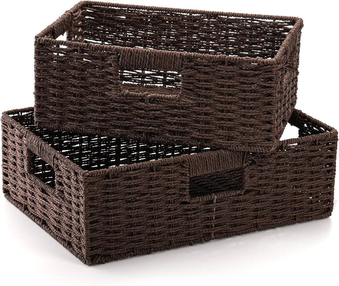 TOPZEA 2 Pack Brown Wicker Storage Basket for Shelves, Hand Woven Paper Rope Shelf Basket, Pantry Organization Baskets with Handle, Decorative Closet Organizer Bins for Kitchen, Bathroom, Coffee Bar