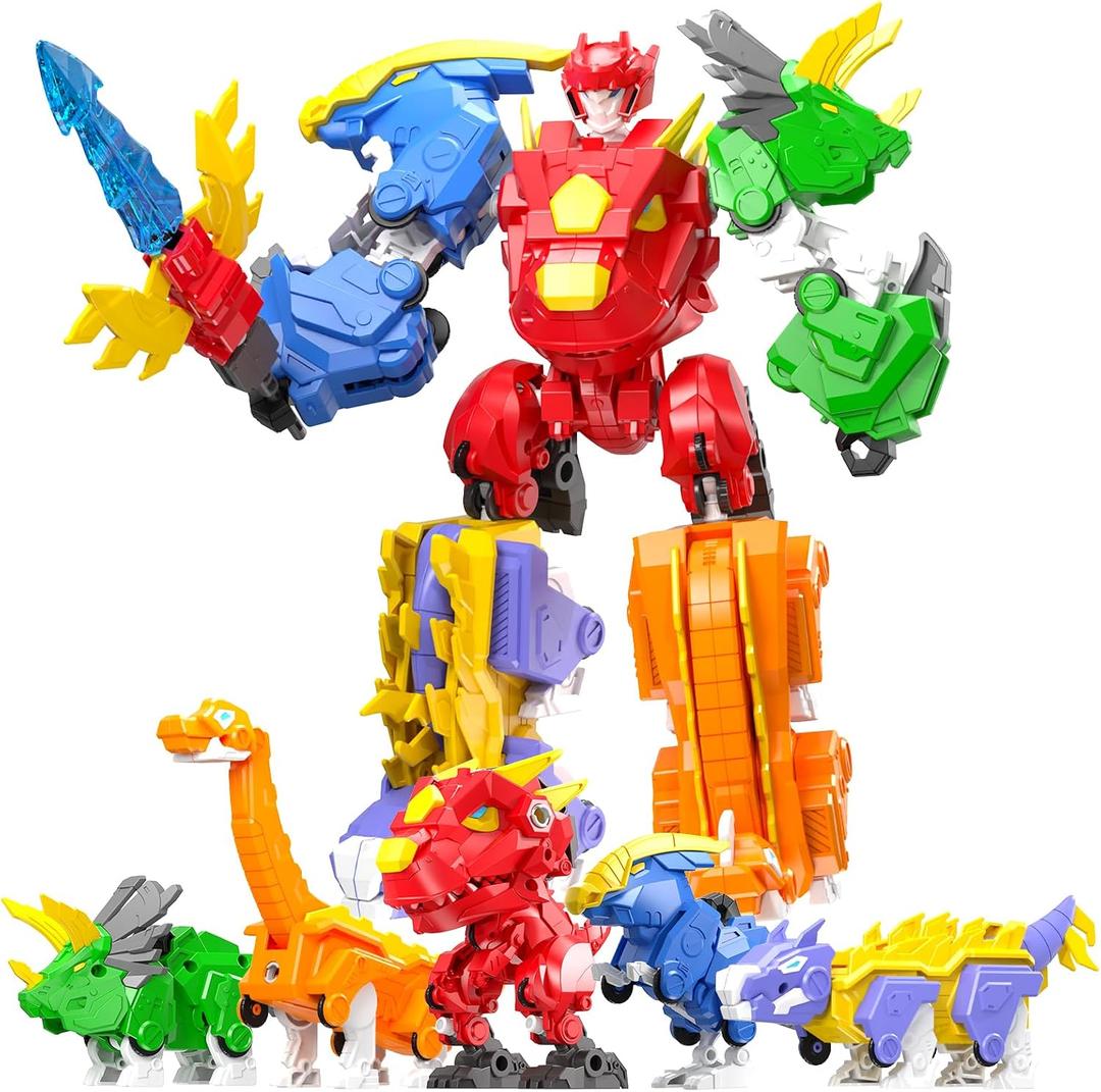 5-in-1 Transforming Dinosaur Robot Toys, STEM Building Kit with Triceratops Action Figures, Safe Set for Kids Boys Girls Age 3+ Boys & Girls, Birthday for Toddlers, 7.87 inches