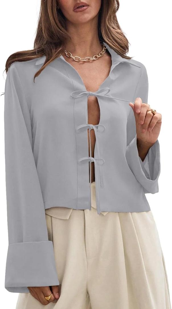 EVALESS Womens Blouses Cute Long Sleeve Bow Tie Front Shirts Going Out Tops Spring Summer Outfits Trendy 2025 (Gray, L)