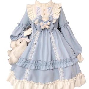 Girls Lolita Dress, Vintage Kawaii Costume with Ruffle and Floral Design, Long Sleeve Petticoat (One Size, Sky Blue)