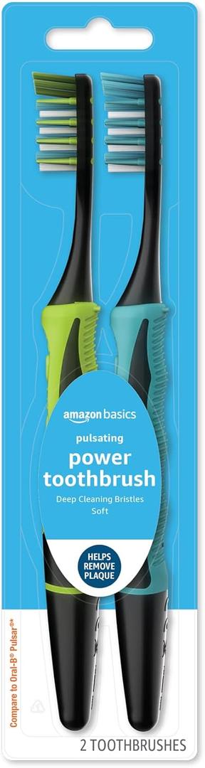 Amazon Basics Soft Toothbrushes for Adults - Pulsating Deep Cleaning with Soft Bristles, 2 Count, Assorted Colors