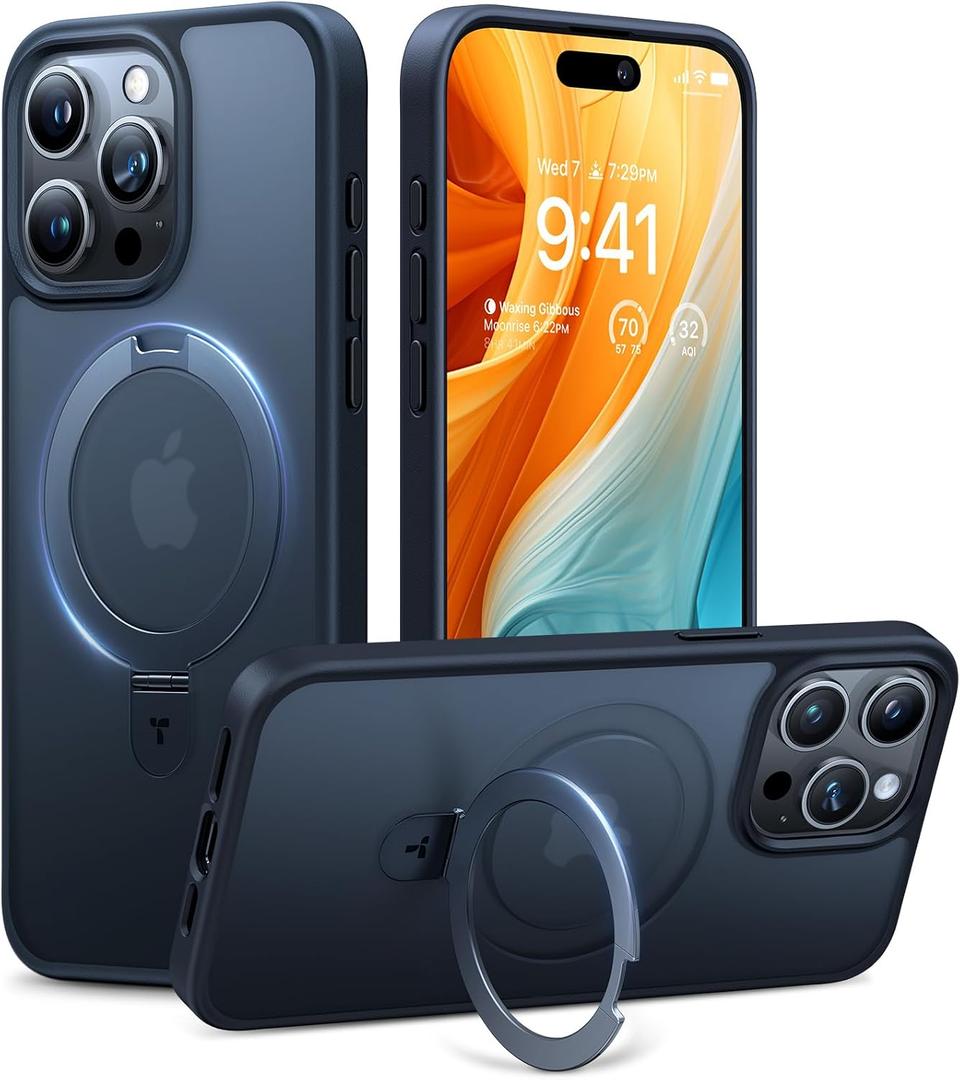 TORRAS Ultra Magnetic Ostand for iPhone 15 Pro Case [Fit for MagSafe] [Sturdy Stand & Ring Holder] Mil-Grade Shockproof Matte Anti-Scratch Slim Protective Kickstand Phone Case, Black Titanium 6.1"
