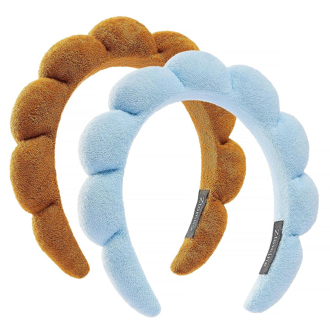 Spa Terry Cloth Facial Headbands, Set of 2 Skincare Combo Pack - Puffy Makeup Headbands for Face Washing and Masks (Blue + Dark Khaki)