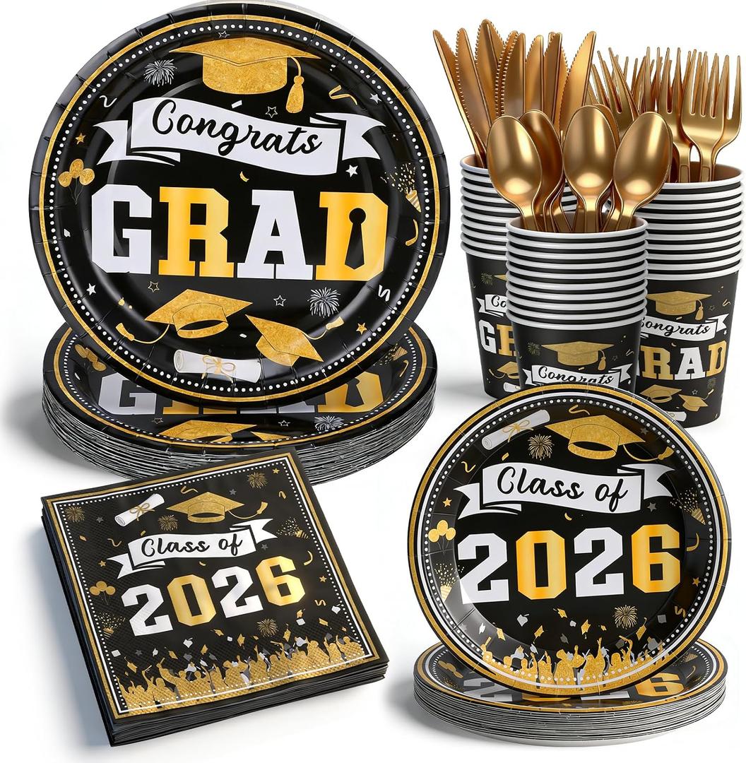 210Pcs Graduation Decorations 2026, Black and Gold Graduation Plates and Napkins Set for 30 Guests, Disposable Dinnerware, Dessert Plates and Forks, Graduation Birthday Party Tableware Supplies