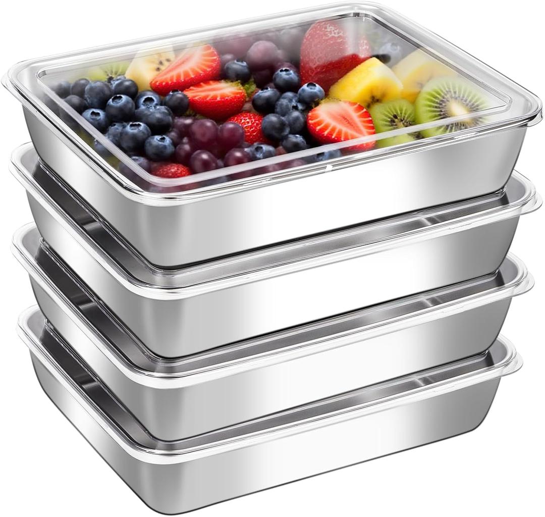 4 Pcs Stainless Steel Food Containers with Clear Lids, Stackable Snack Storage Boxes, Deli Meat Keeper for Refrigerator or Picnic, BBQ Party, Office, Gym Lunch