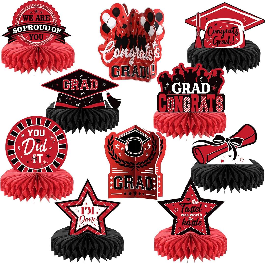 Yisong 10 Pcs Red Graduation Table Decorations 2026, Graduation Centerpieces for Tables, Class of 2026 Congrats Grad Honeycomb Centerpieces, Grad Table Toppers for Party Supplies, 20 x 20 cm/ 7.8 x 7.8 inches