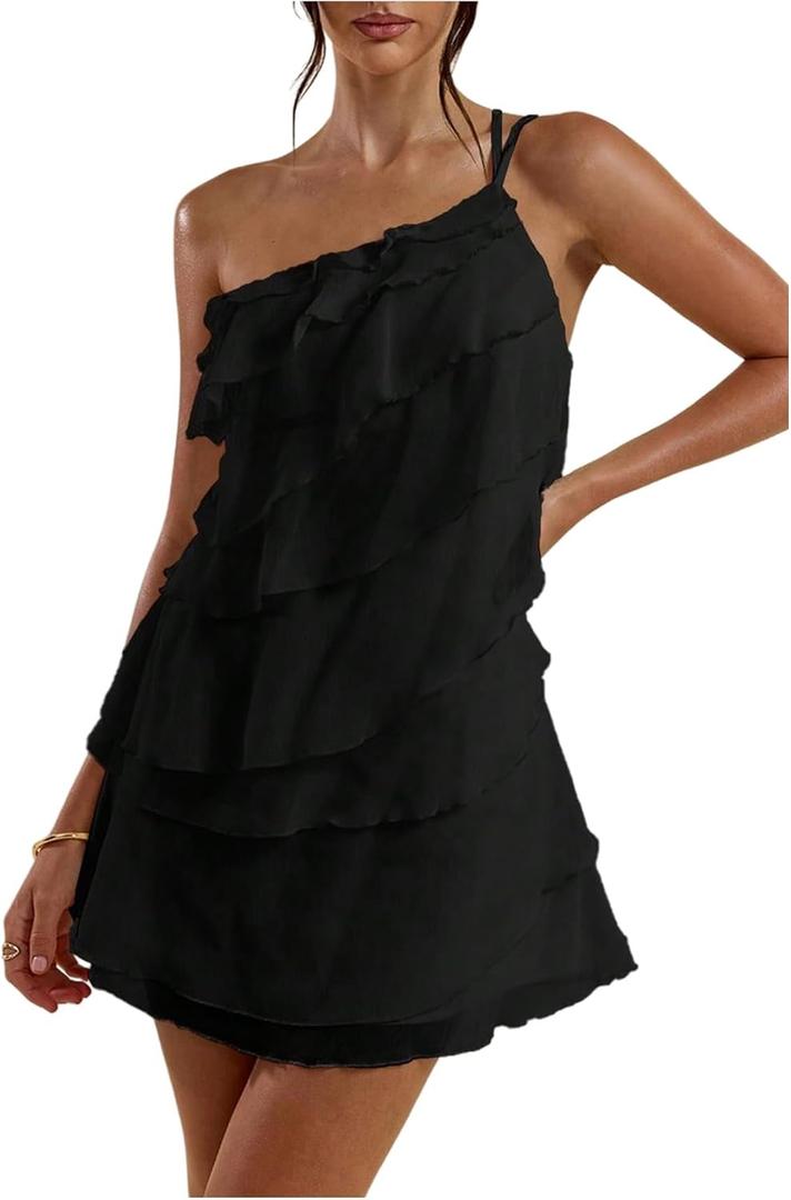 SOLY HUX Women's Mini Dress One Shoulder Ruffle Mesh Dresses Layered Backless Vacation Party Sundresses (Black, XXL)