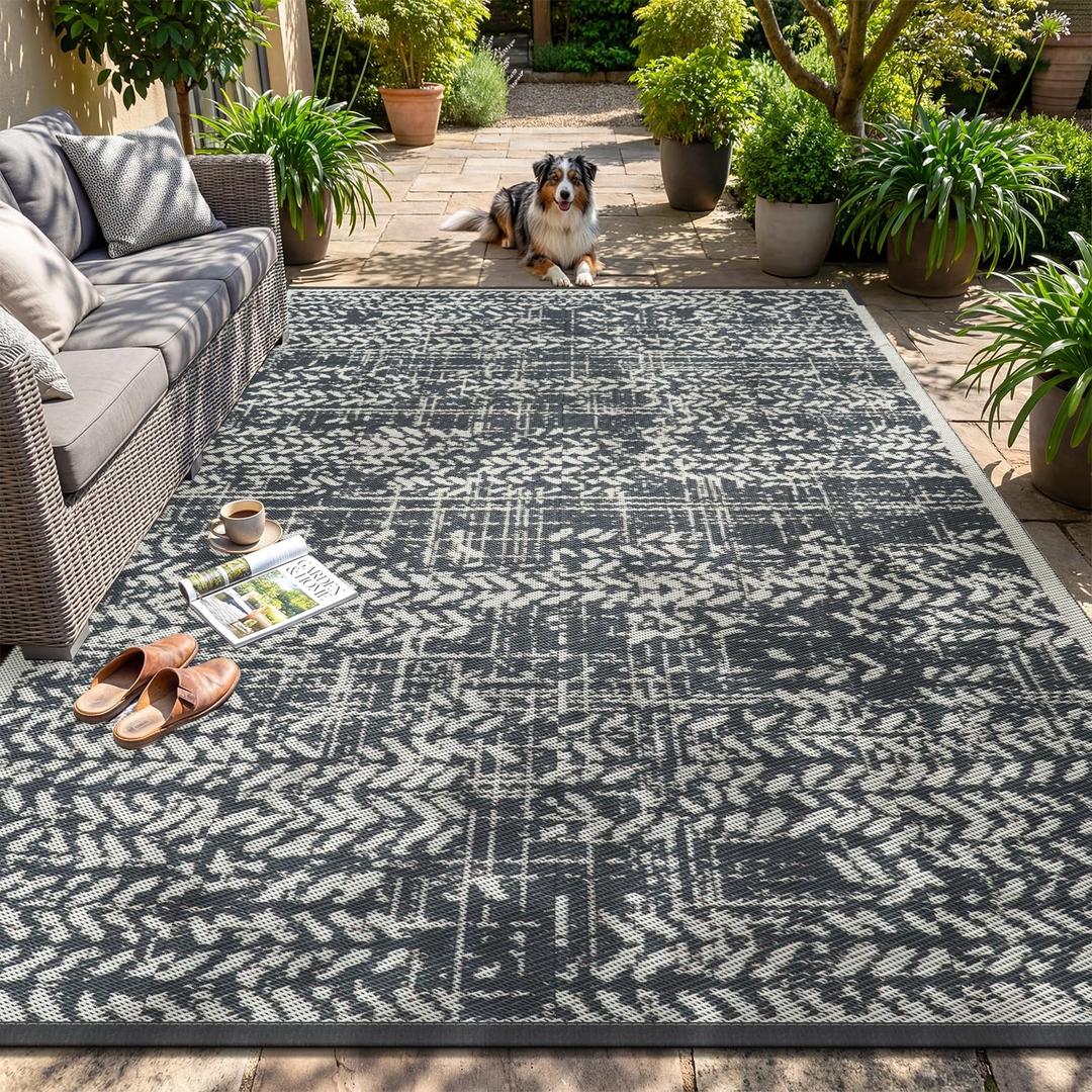 MontVoo Outdoor Rug 8x10 Waterproof-Patio Rug Mat Outdoor RV Camping Picnic Beach Mat Plastic Straw Rugs Outside Outdoor Area Rugs for Balcony Deck Backyard Grey