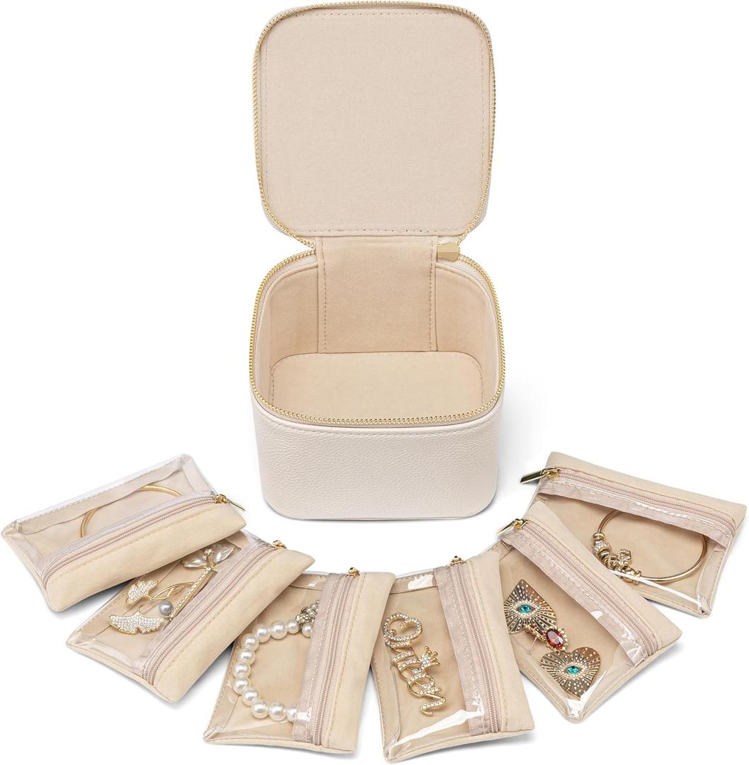 Vlando Travel Small Jewelry Case, Jewelry Travel Organizer with 6 Pcs Jewelry Bags Gifts for Valentine's Day Birthday Earrings Necklace Rings Storage Gift Box Packaging White (E.6Pcs-White)