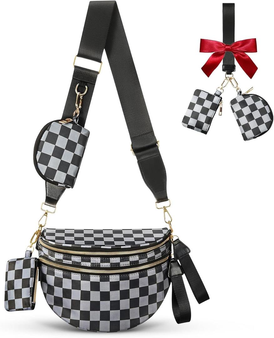 Cross Body Bag for Women Bum Bag Checkered Belt Bags Fanny Packs for Girls Travel Purse Fashion Waist Packs Crossbody Nylon Purse Trendy Shoulder Bags for Womens (One Size)