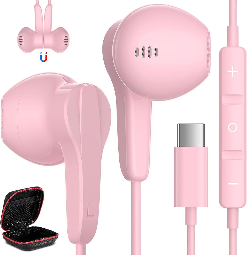 USB C Headphone for iPhone 17 Air 16 15 Pro Max Plus/iPad, Type C Earphone with Mic HiFi Stereo Magnet Cute USBC Wired Earbud for Samsung Galaxy S26 S25 S24 Ultra A35 S23 Fe S22+ A17/Pixel 10 9, Pink