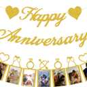 Happy Anniversary Party Decorations - Banner and Photo Banner for Wedding Party Decor (Gold)