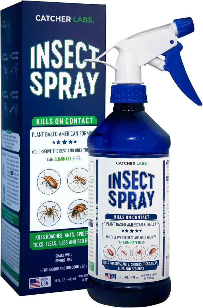 Catcher Labs Natural Insect Spray for Indoor and Outdoor Use | Ant, Roach, Spider, Fly, Flea, Bed Bug Killer and Insect Repellent | Plant-Based Formula | Pet and Family Safe | 16 oz
