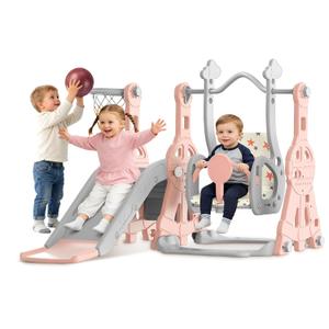 BIERUM 4-in-1 Toddler Slide Swing Set for Kids 1-3, Indoor/Outdoor | Kids Climber Playset with Swing for 1-3, HDPE Material, ASTM Certified Playground Supports 120 lbs, Basketball Hoop, Pink