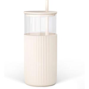 SANDJEST Glass Tumbler with Straw and Lid, Glass Water Bottle with Silicone Sleeve 20oz, Smoothie, Iced Coffee Cup, Gifts for Women Teen Girls Birthday Christmas (Cream)