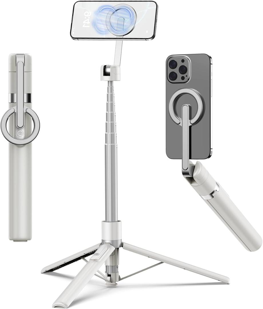 TONEOF 68" Magnetic Selfie Stick Tripod with Aluminum Strong Magnetic Holder for Magsafe, 360 Rotatable Travel Phone Tripod Stand with Metal Ring & Rechargeable Remote for iPhone/Android(Beige Gray)