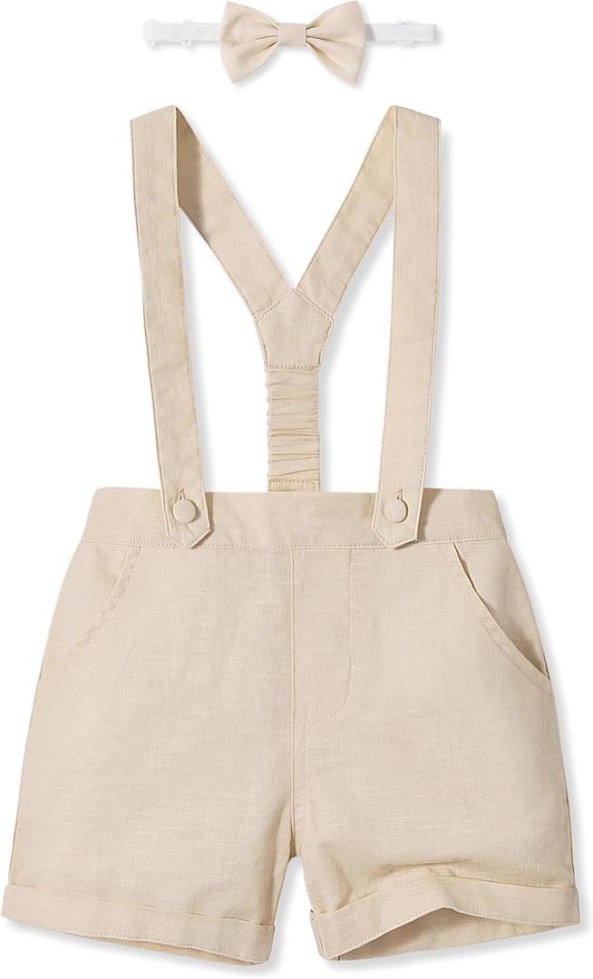 Volunboy Baby Boy Suspenders Shorts Toddler Cotton Linen Shorts with Bowtie Infant Gentlemen Formal Outfits (18-24 Months, Khaki)