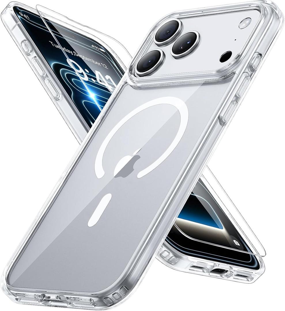 Miracase Magnetic for iPhone 17 Pro Case 6.3" with Screen Protector, [Compatible with MagSafe] Military-Grade Protection, Anti-Fingerprint, Slim Thin Phone Case for 17 Pro Cover, Clear