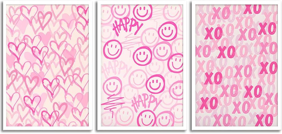 2 x ZNHART Simplicity Pink Wall Art Set of 3 | Heart Shaped Doodle Smiley XO | Modern Canvas Prints for Girls Bedroom | Pink Wall Decor for Gallery, Dorm, or Home - Unframed 16x24 Inch