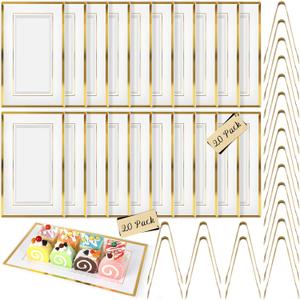 20 Sets Plastic Serving Tray,White & Gold Rim Food Trays with Stainless Serve Tongs,Versatile Serving Trays for Party, Serving Platter for Party, Food, Fruit, Dessert, Tea Party, Wedding