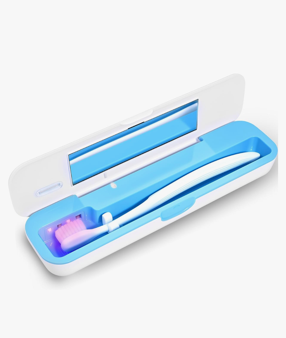 UV Toothbrush Sanitizer and Holder, Portable Travel Case and Cover, Toothbrush Cleaner Powered by AA Battery or USB-C, Fits Most Brushes